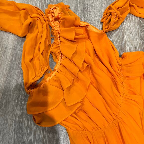 Michael Costello x REVOLVE Everett Orange Ruffle Asymmetric Mini Dress XS - Picture 5 of 8